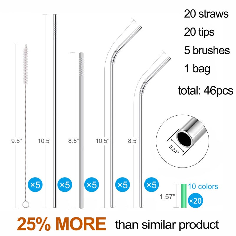 MUTNITT 20 Pack Reusable Stainless Steel Metal Straws,10.5" & 8.5" Reusable Drinking Straws with 20 Silicone Tips 5 Straw Brushes 1 Travel Case,Eco Friendly Extra Long Metal Straw Fit for 20 24 30 oz Tumbler - Image 2